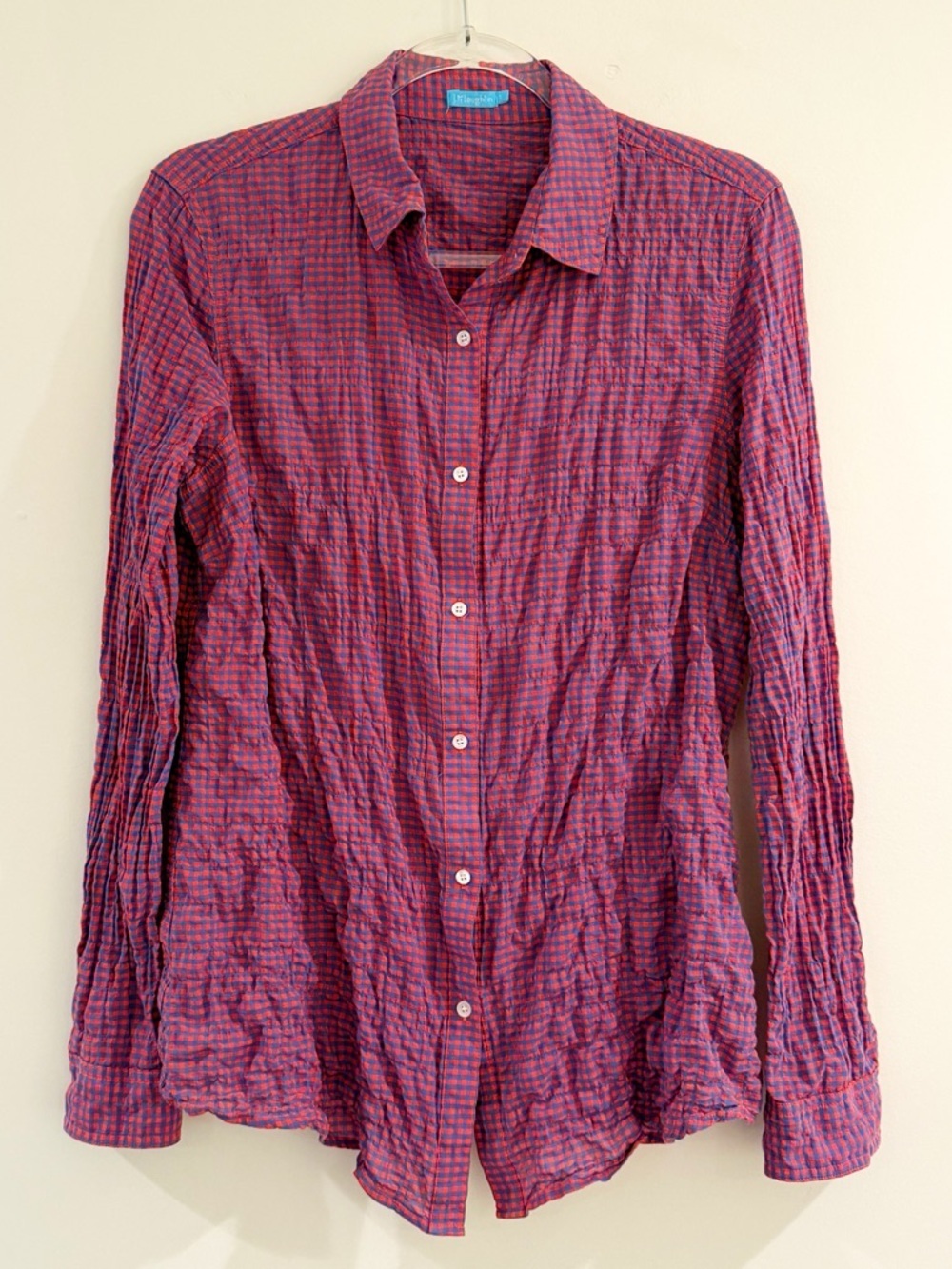 J. McLaughlin Red & Blue Gingham Plaid Crinkle Button Down Shirt